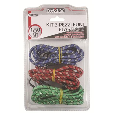 KIT 3 pz Funi Elastiche Diam 8MM L=1,50MT Colori Assortiti Doppio Gancio